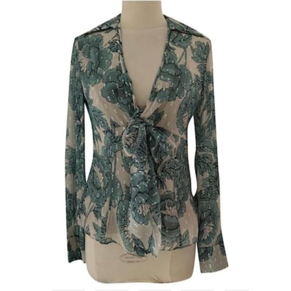 Womens Green Floral Tie Front Blouse Chinoiserie Swiss Dot Long Sleeve Top